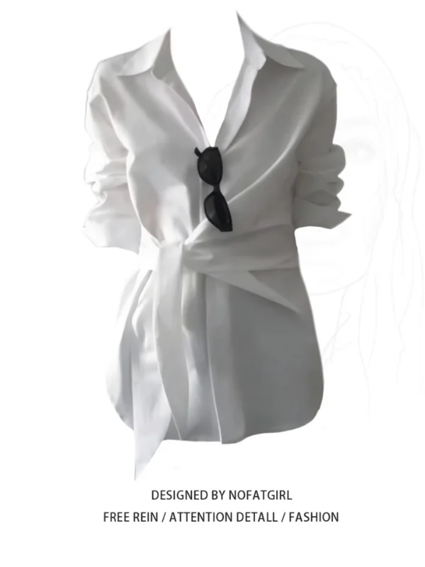 

plus Size Women's Korean Style Long Sleeve Shirt Bow Tie Waist Design Breathable Polyester Spring New Arrival Office Wear