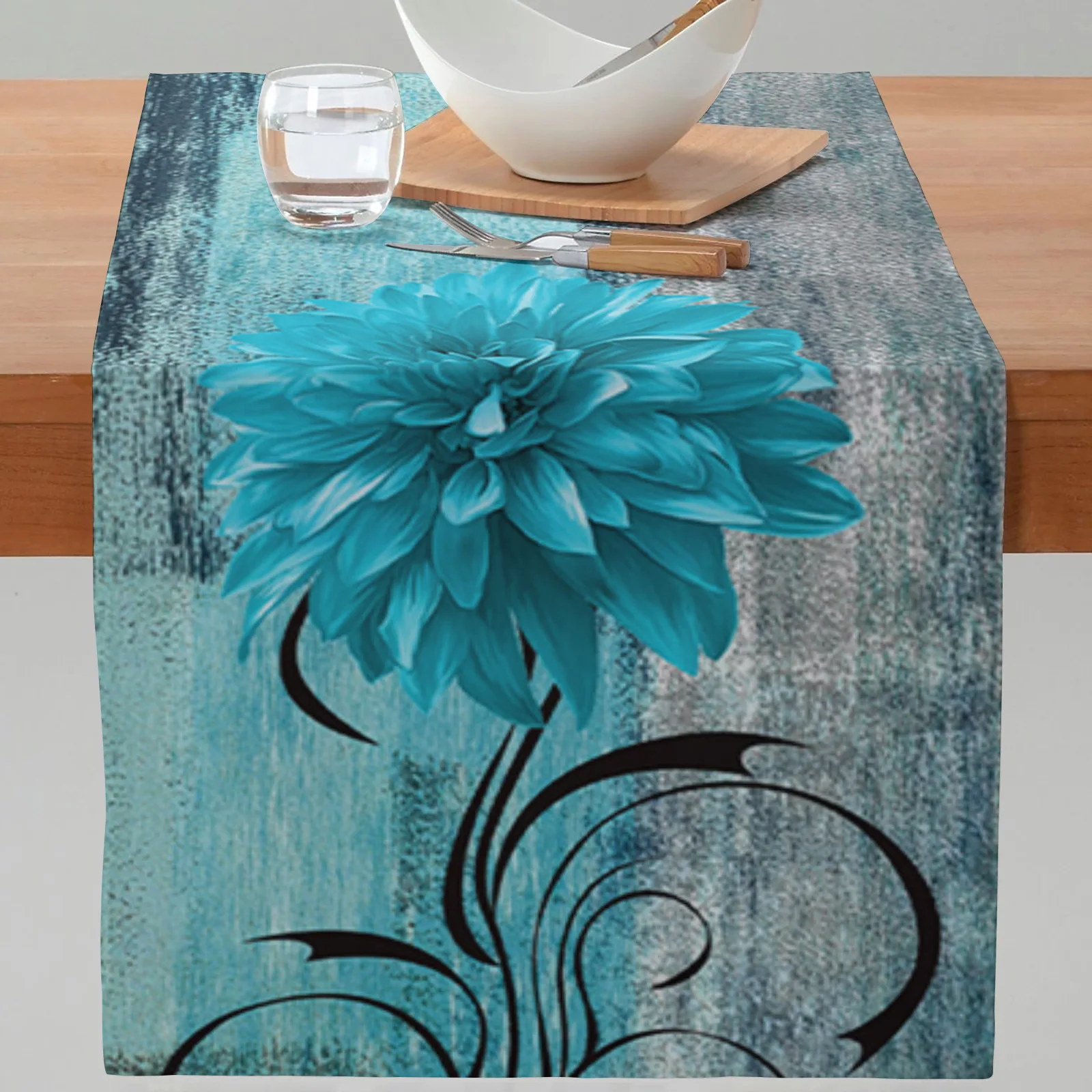 Plant Style Dahlia Oil Painting Blue Table Runner Party Tablecloth Anti-Stain Dining Tablecloth Wedding Decoration Tables Runner