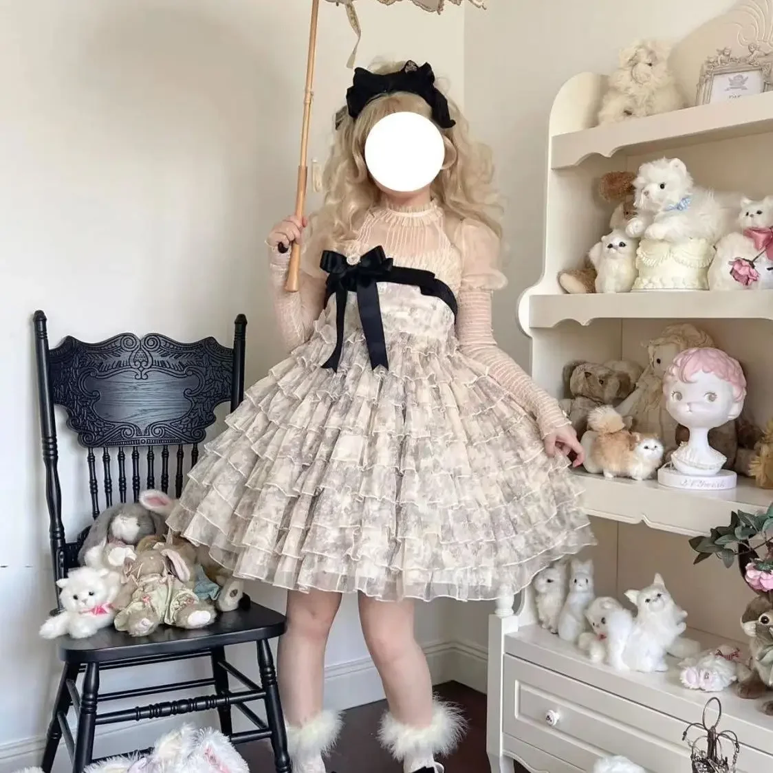 

Japanese Kawaii Lolita Jsk Dress Women Sweet Bow Ruffles Floral Print Party Tiered Cake Dresses Vintage Princess Dress