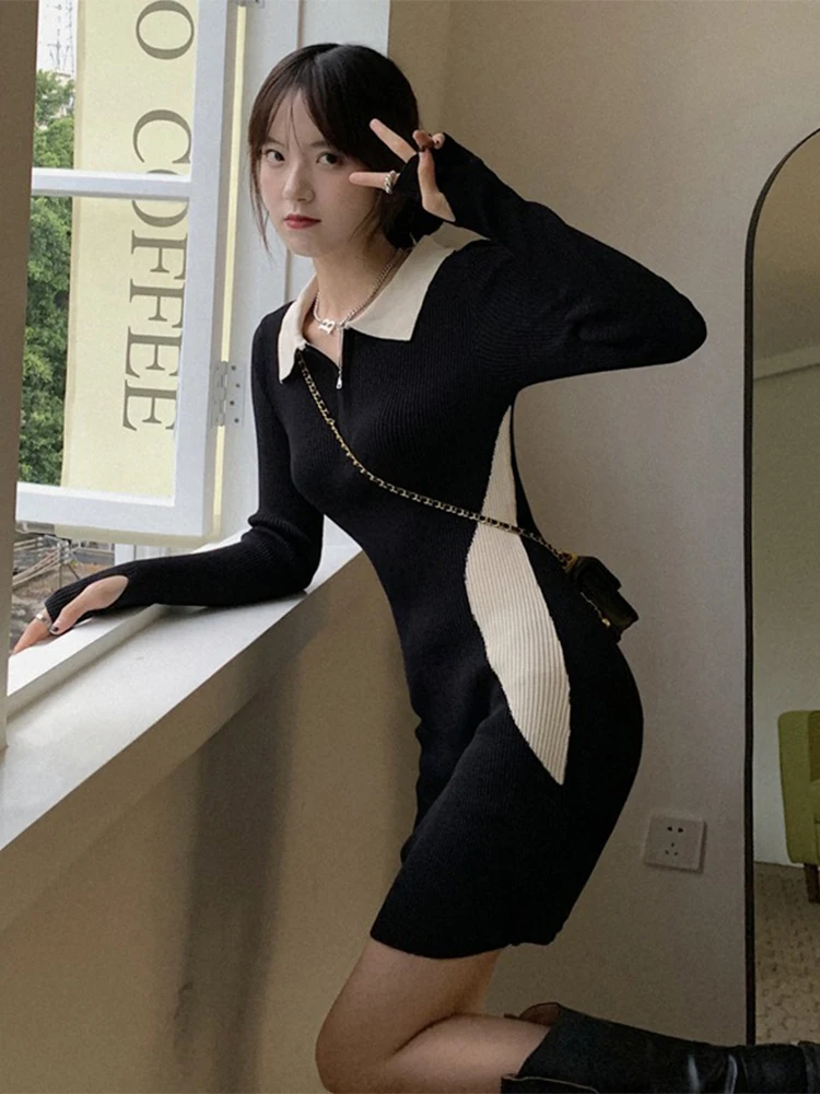 달콤하고 매콤한 여성 니트 드레스 하이웨이스트 롱 슬리브 이너웨어 플러스 사이즈 레트로 스타일 봄 가을 신상품...