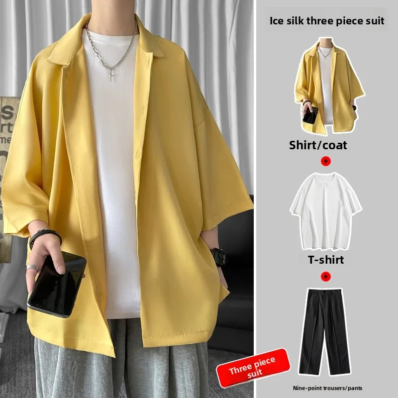 Conjunto de Camiseta y Pantalón Corto Deportivo Casual de Verano para Hombre, Color Amarillo Chien, Estilo Urbano Moderno, de Poliéster, Manga Corta