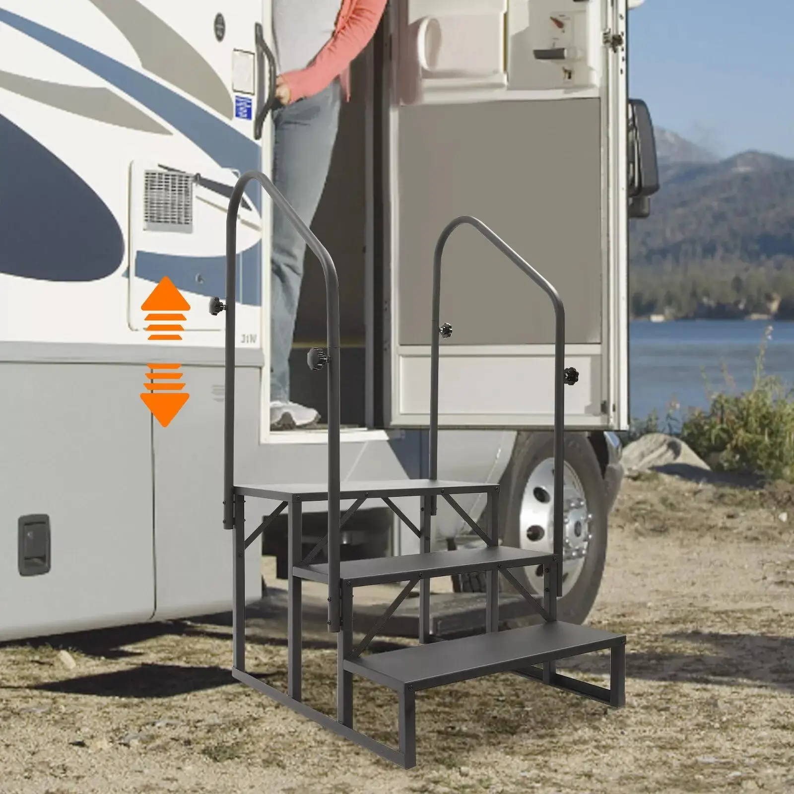 سلالم RV ذات 3 خطوات مع هاندريل - فولاذ عالي التحمل لحوض الاستحمام الساخن والمقطورة |   مقاوم للانزلاق ومحمول مع عجلات