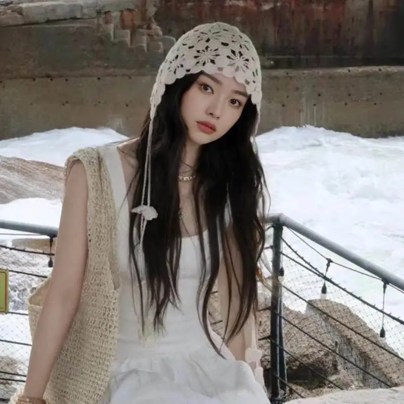 

Вязаная шапка с кисточками, женская весенне-летняя дорожная универсальная этническая шапка-платок ручной работы, ажурный дизайн, универсальная