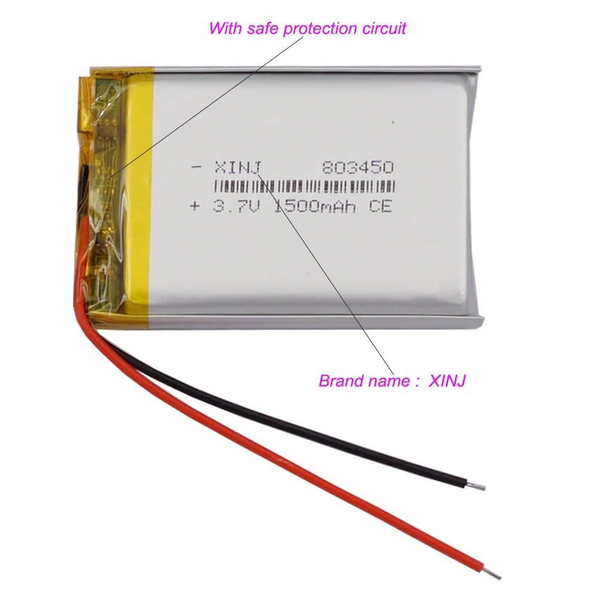 3.7V 1500mAh 5.55Wh Li-Polymer Li Lithium Battery 803450 Li-pol JST 2Pin 1.0/1.25/1.5/2.0/2.54mm Connector For GPS Camera LED