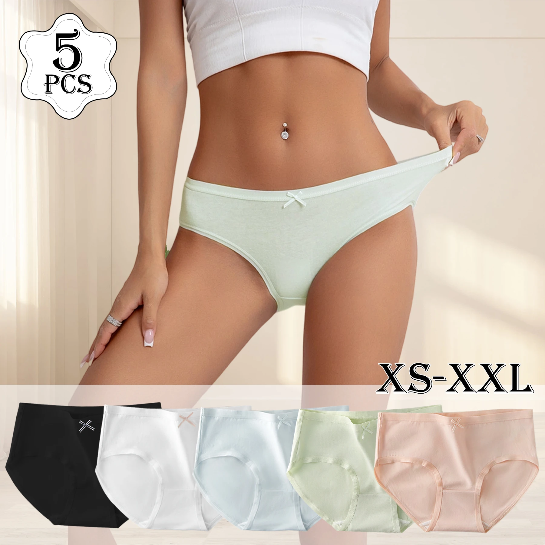 5PCS Fresh Style Women's Cotton Comfortable Underpants Solid Color Small Bowknot Design Briefs Cute Girls Breathable Panties
