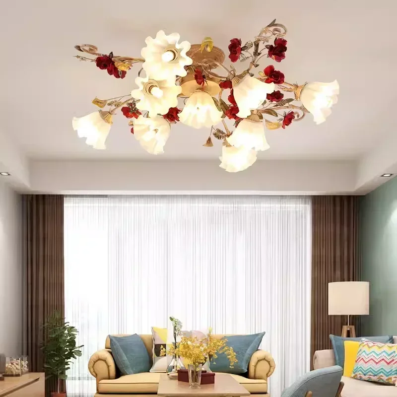 Home Decor Pastoral Retro LED Ceiling Lamp Warm Romantic Flower Chandeliers Fixtures for Living Room Bedroom Lighting Luminaire