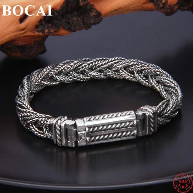 BOCAI Trendy S925 Sterling Silver Bracelets for Men New Men's Fashion Wide Weaven Horsewhip-chain Punk Jewelry