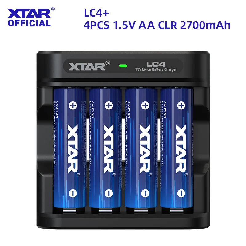 XTAR LC4 Battery Charger+4PCS 1.5V AA CLR 4300 2700mAh Rechargeable Li-ion Battery  Constant Voltage Output & Linear Discharge