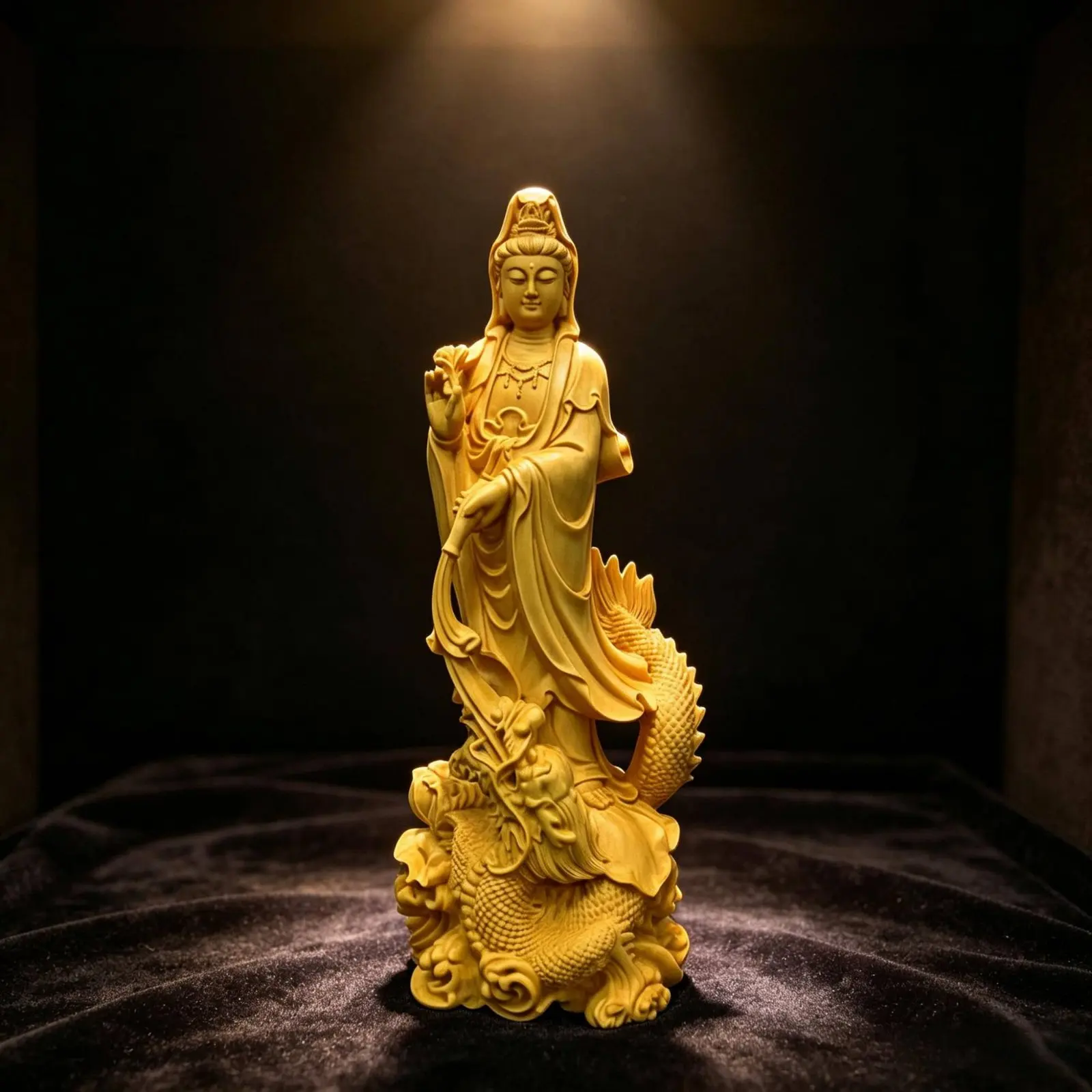 Wood Carved Guanyin Statue Feng Shui Dragon Guanyin Sculpture Avalokiteshvara Figure Positive Energy Buddha Statue Long-Lasting