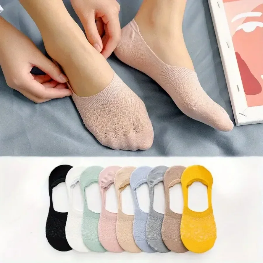 

10 Pairs of Mixed Color Thin Lace Invisible Socks, Mesh Design, Knitted Fabric, Suitable for Casual Wear, Minimalist Style