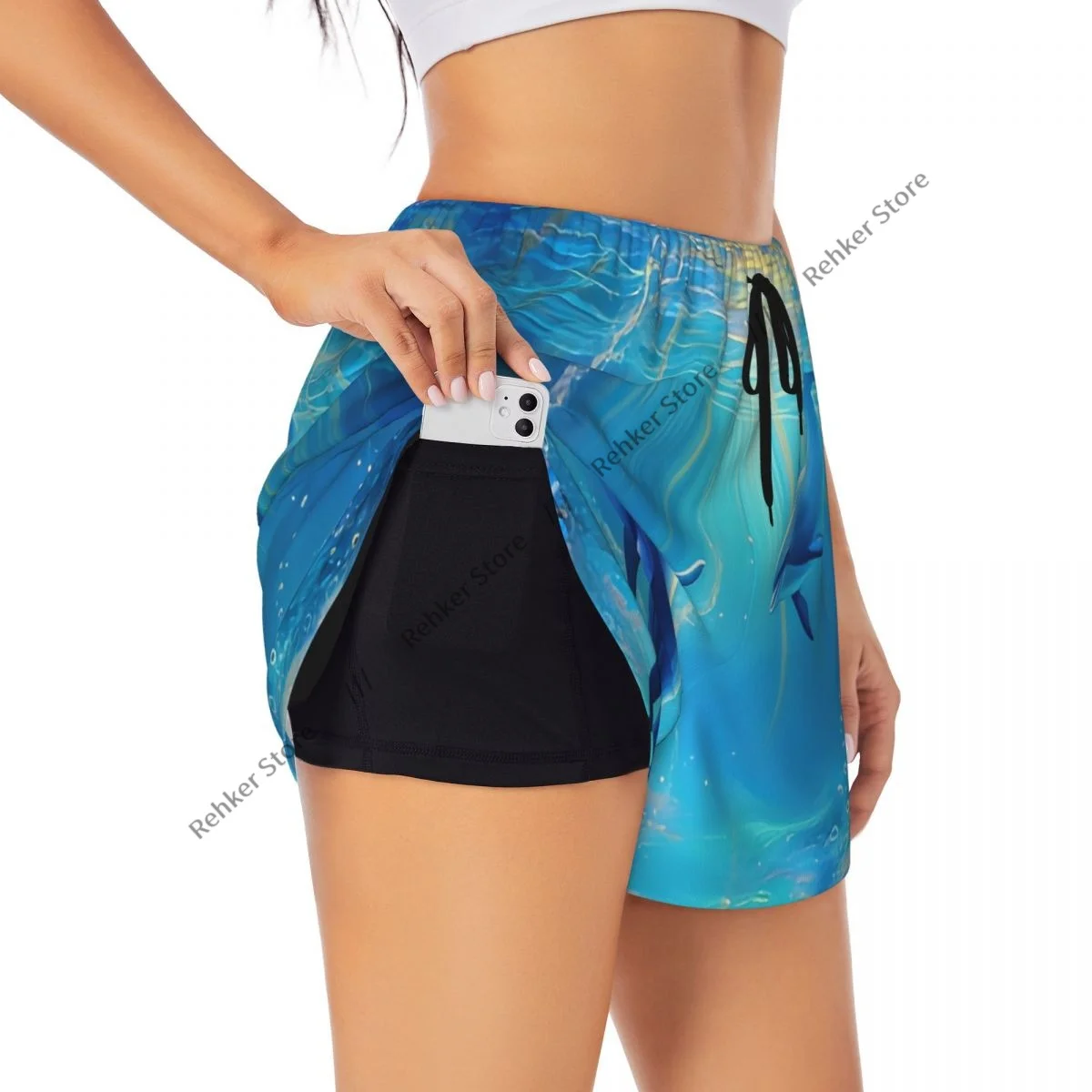 ヨガショーツ 女性用 フィットネスショーツ バイカーワークアウト スポーツ イルカ 海の世界で泳ぐ 速乾性 スポーツウェア ポケット付き