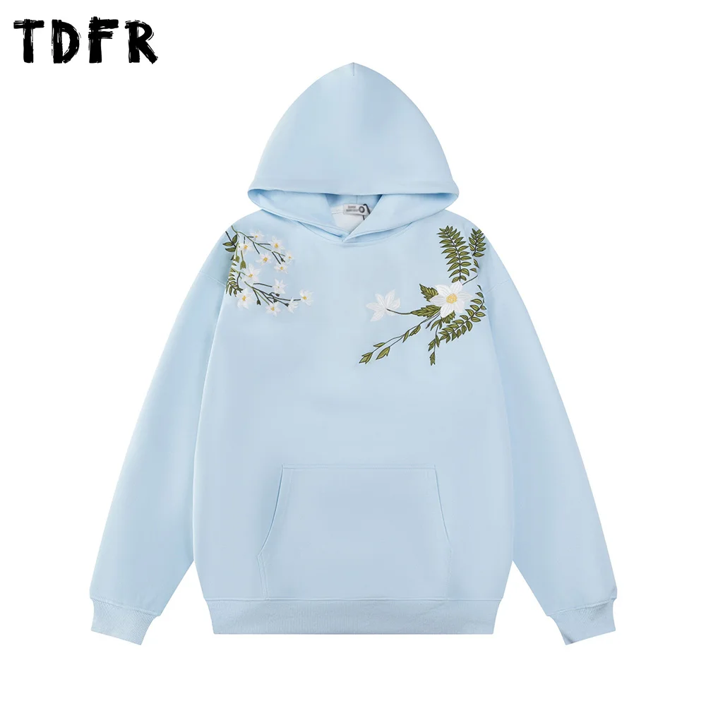 Flower Embroidery Hoodies Mens Front Pocket Spring Retro Streetwear Loose Long Sleeve Hooded Sweatshirts Men