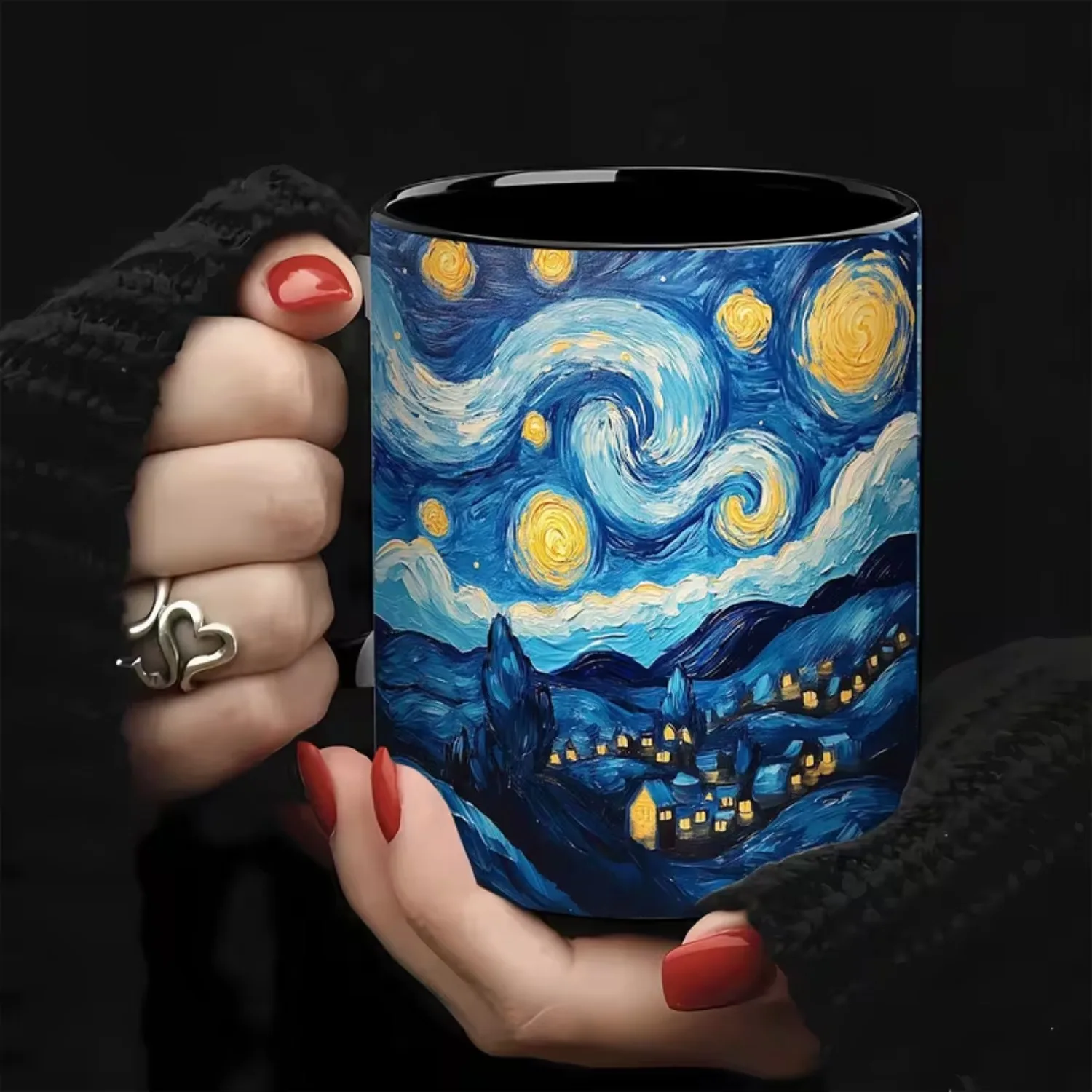 Van Gogh Starry Night Ceramic Coffee Mug Classic Oil Painting Art Cup Black Inner Tea Mug, Art Lovers Home Office Drinkware Gift