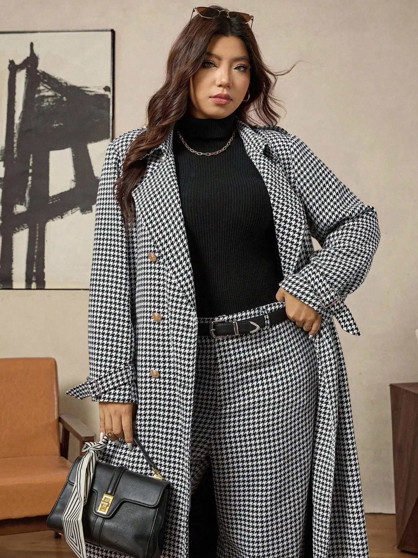 بدلة بليزر بنقشة هاوندستوث مع بنطلون واسع للنساء ذوات المقاسات الكبيرة، زي مكتبي غير رسمي للشتاء والخريف