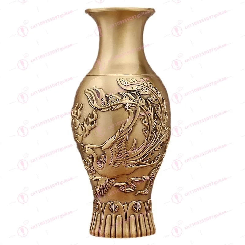 Messing-Vase mit Drachen- und Phönix-Prägung Metallkunstwerk Wohndekoration für Wohnzimmer und Flur Traditionelles Retro-Ornament