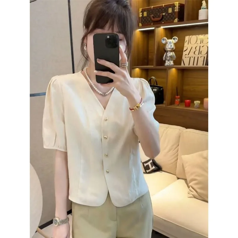 

Women Summer Simplicity Office Lady Loose Solid Color V-neck Short Sleeve Shirts Ladies Ladies All-match Trend Temperament Tops