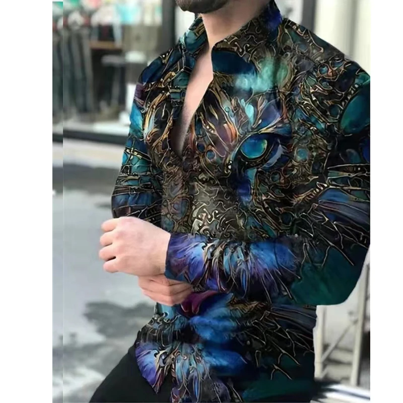 Fashion Men's Social  Floral Shirt Slim Fit Formal Casual  Animal Shirts Long Sleeve Button Down Tops Streetwear Men Clothing