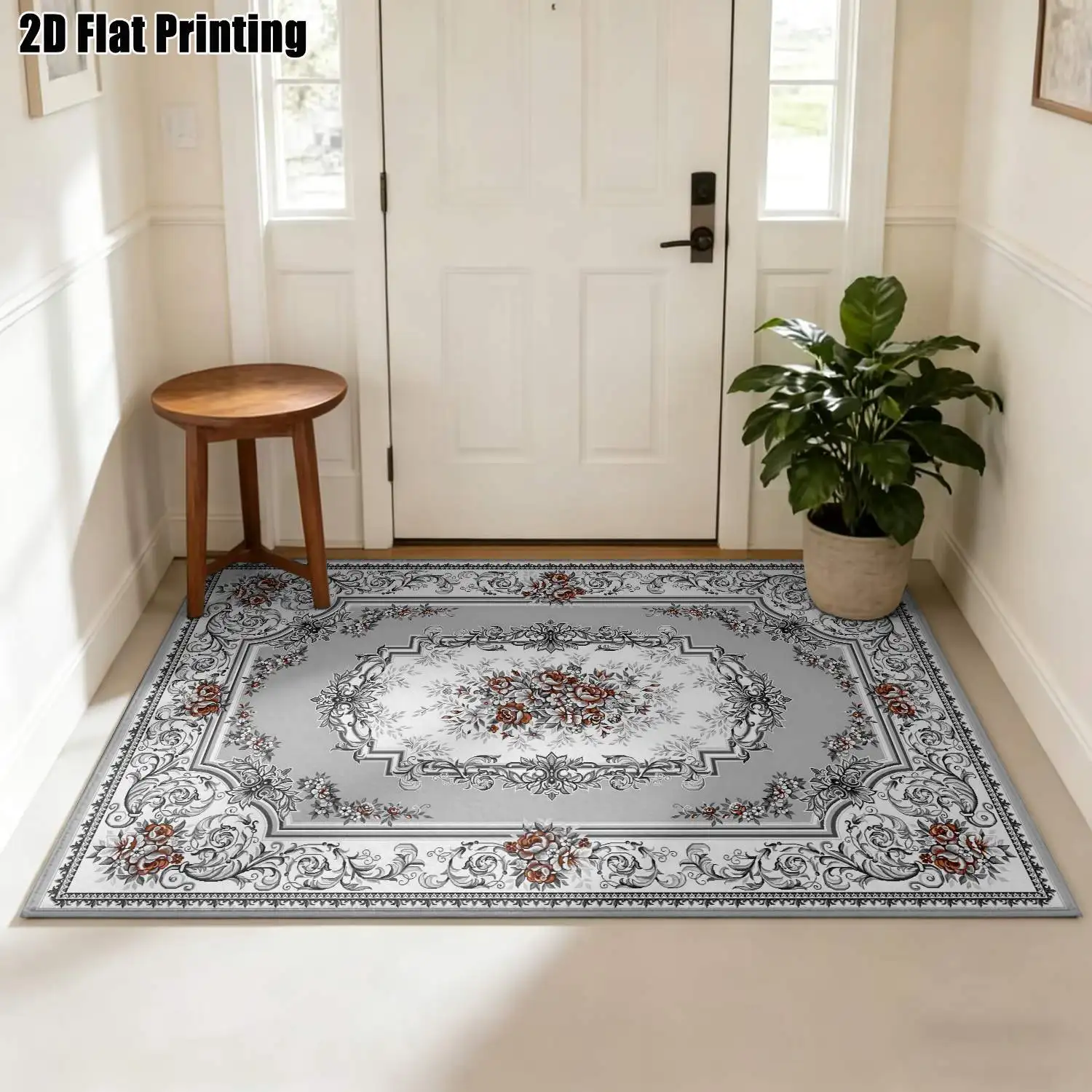 1Pc 2D Printed 1Pc Carpet: Gray White Retro Floral, Vintage Geometric Bohemian Styles Multi-Size, Machine Washable, Ideal Home Decor for Entrance, Dining, Foyer, Living Room, Bedroom.
