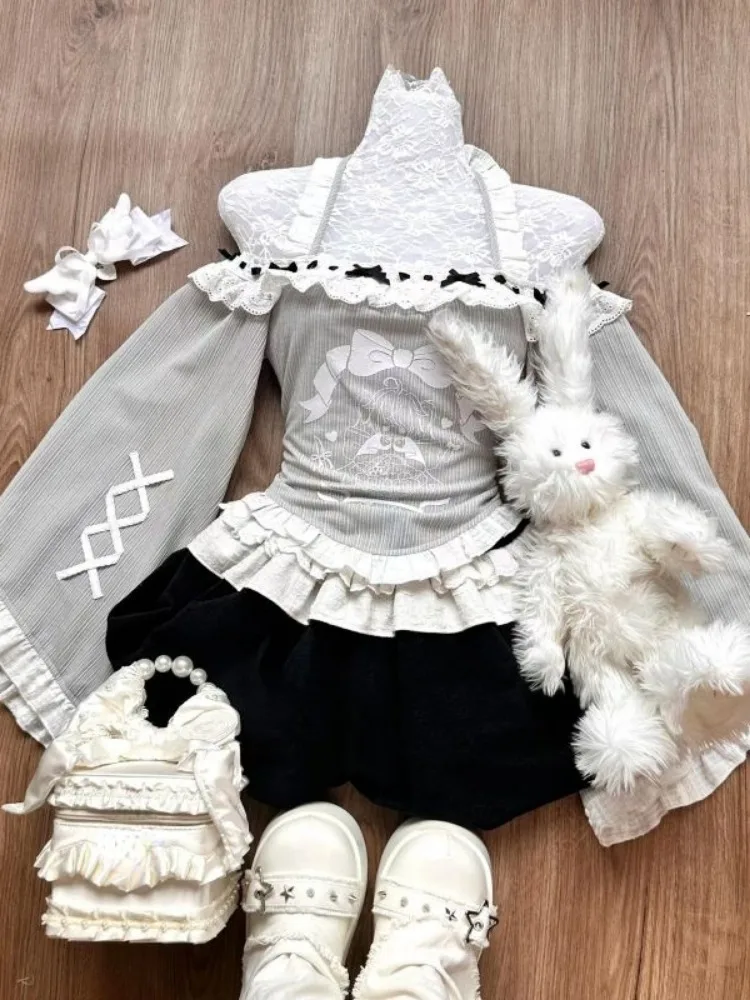 Sweet Cute Two Pieces Set Lace Patchwork Bow Printing T-shirt Y2k Aesthetic Women Patchwork Pleated Ruffled Grunge Shorts Suit