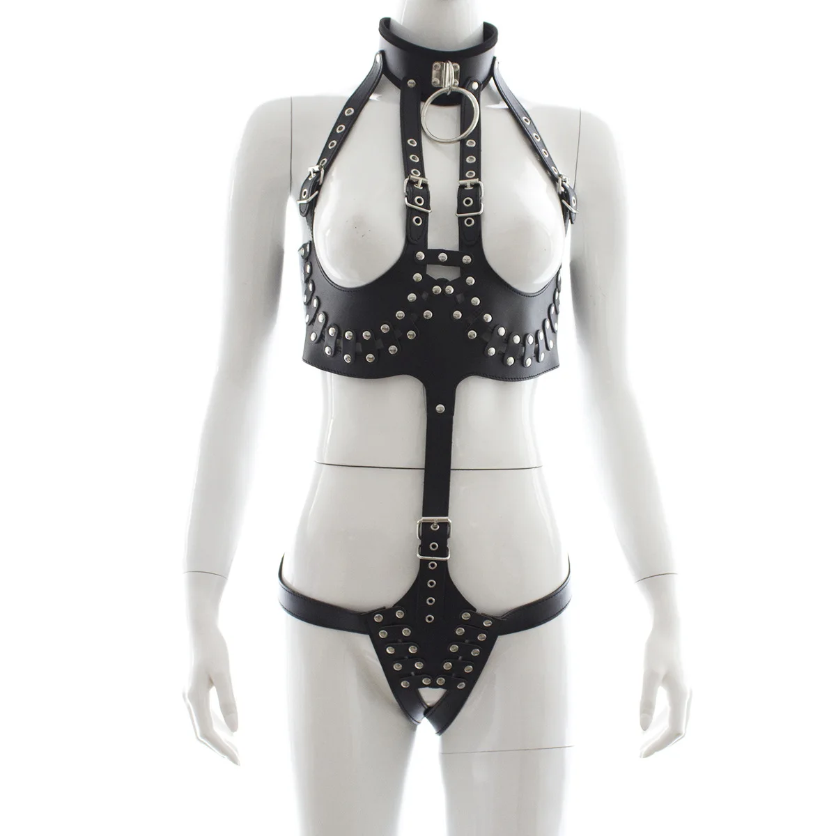 

Erotic Costumes Women's Studded PU Leather Bondage Clothes Sexy Bare Breast Open Crotch Bodysuit Adult Games