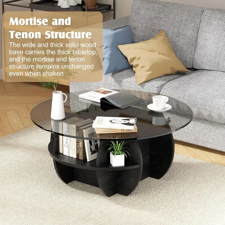 Meja Kopi Bundar Modern dengan Permukaan Kaca dan Alas Kayu Solid, Meja Koktail Bundar Rustic Besar, Aksen Unik G