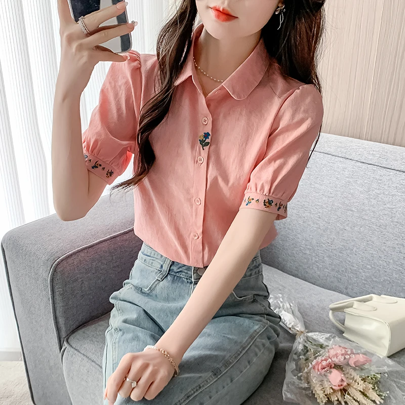 Cotton Embroidered Women's Shirt Summer Casual Womens Tops Short Sleeved Blouse Spring Sweet Female Clothing White Shirt Women