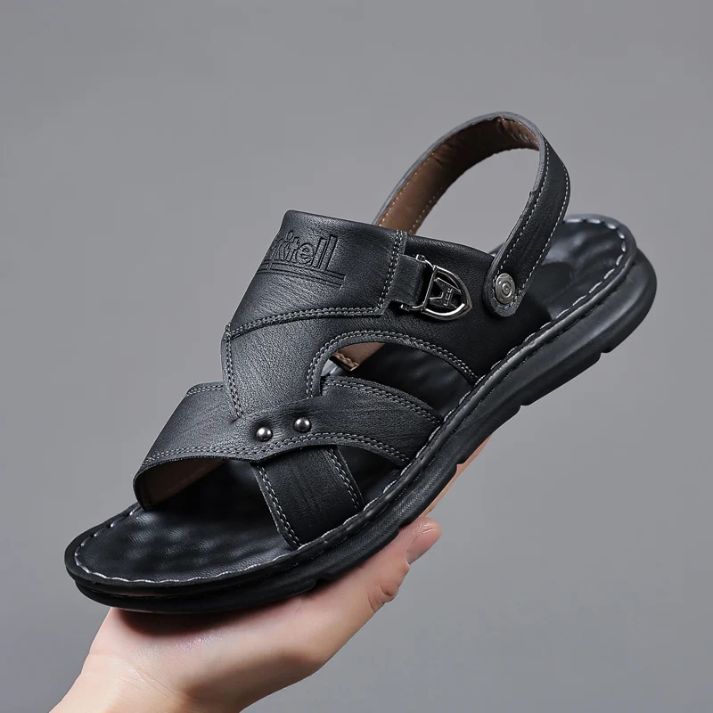 

Летние кожаные мужские сандалии, модные качественные мужские тапочки, удобная пляжная обувь, уличная дышащая обувь на плоской подошве, повседневная обувь