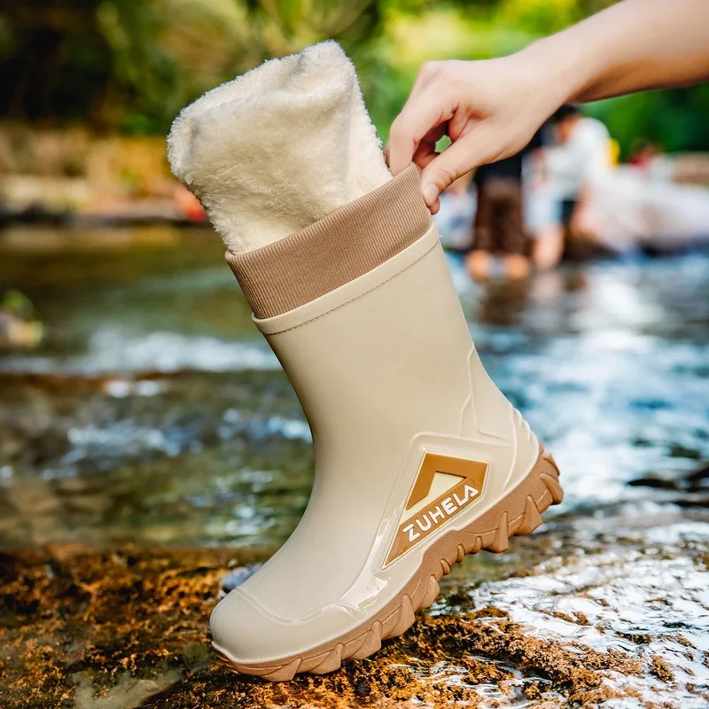 Men's Fashionable Middle Tube Rain Boots Waterproof Non-Slip Warmth Outdoor Car Wash Construction Site Wear-Resistant Fleece