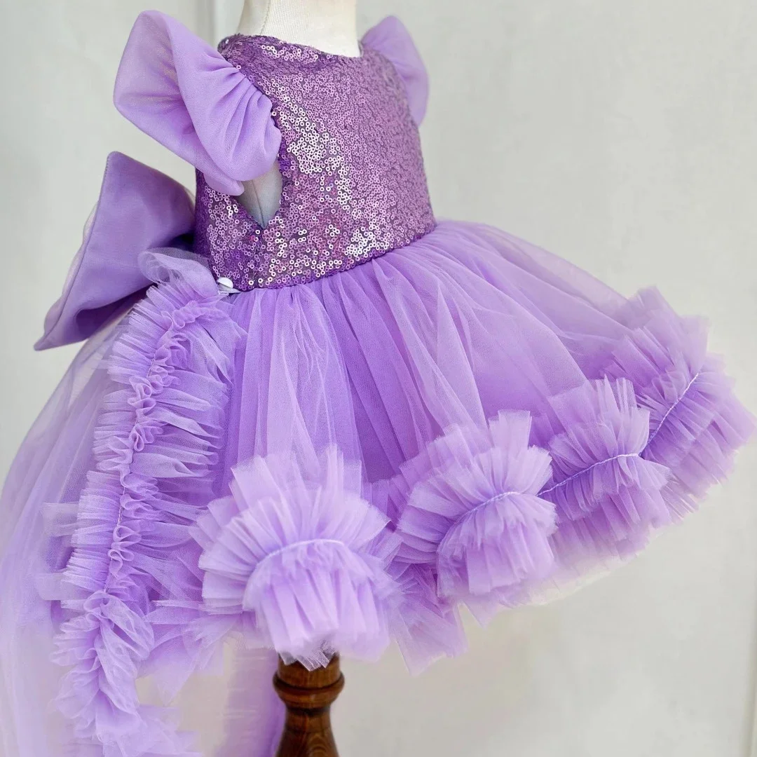 فستان فتاة الزهور مخصص أرجواني ترتر تول متدرج مع فيونكة وزائدة لحفلات الزفاف وأعياد الميلاد وحفلات التواصل المقدس #4