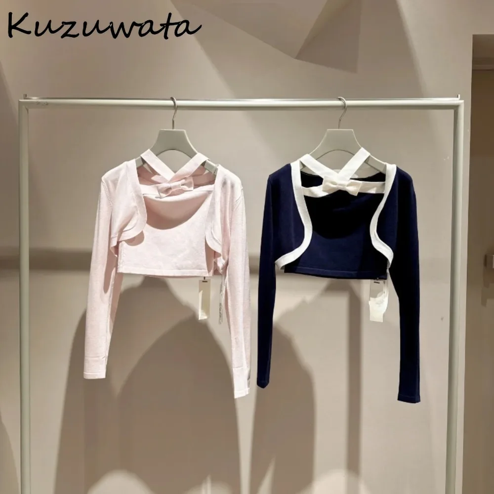 Kuzuwata New Sweet Panelled Bow Halter Sets Sling+casual V Neck Long Sleeve Patchwork Cardigan Japan Knit All-match Suits Jumper