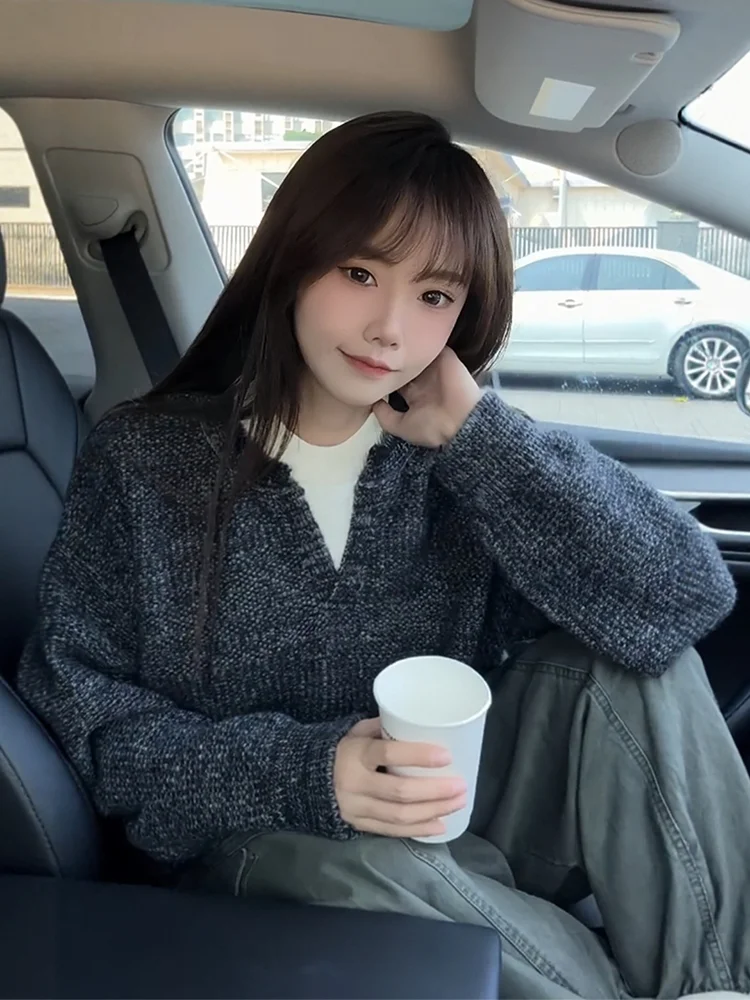 

Cleanfit ey V-Ne Knitwear Loose Fit ex Autumn Winter Casual Sle Long Sve Sweater Fake Two-Piece Design Polyester...