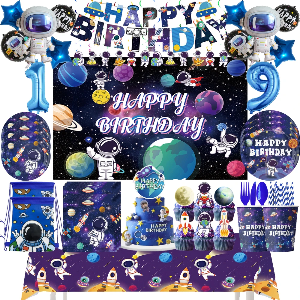 Space Astronaut compleanno stoviglie usa e getta tazza di carta piatto tovagliolo Banner palloncino per Kild decorazioni per feste di compleanno forniture