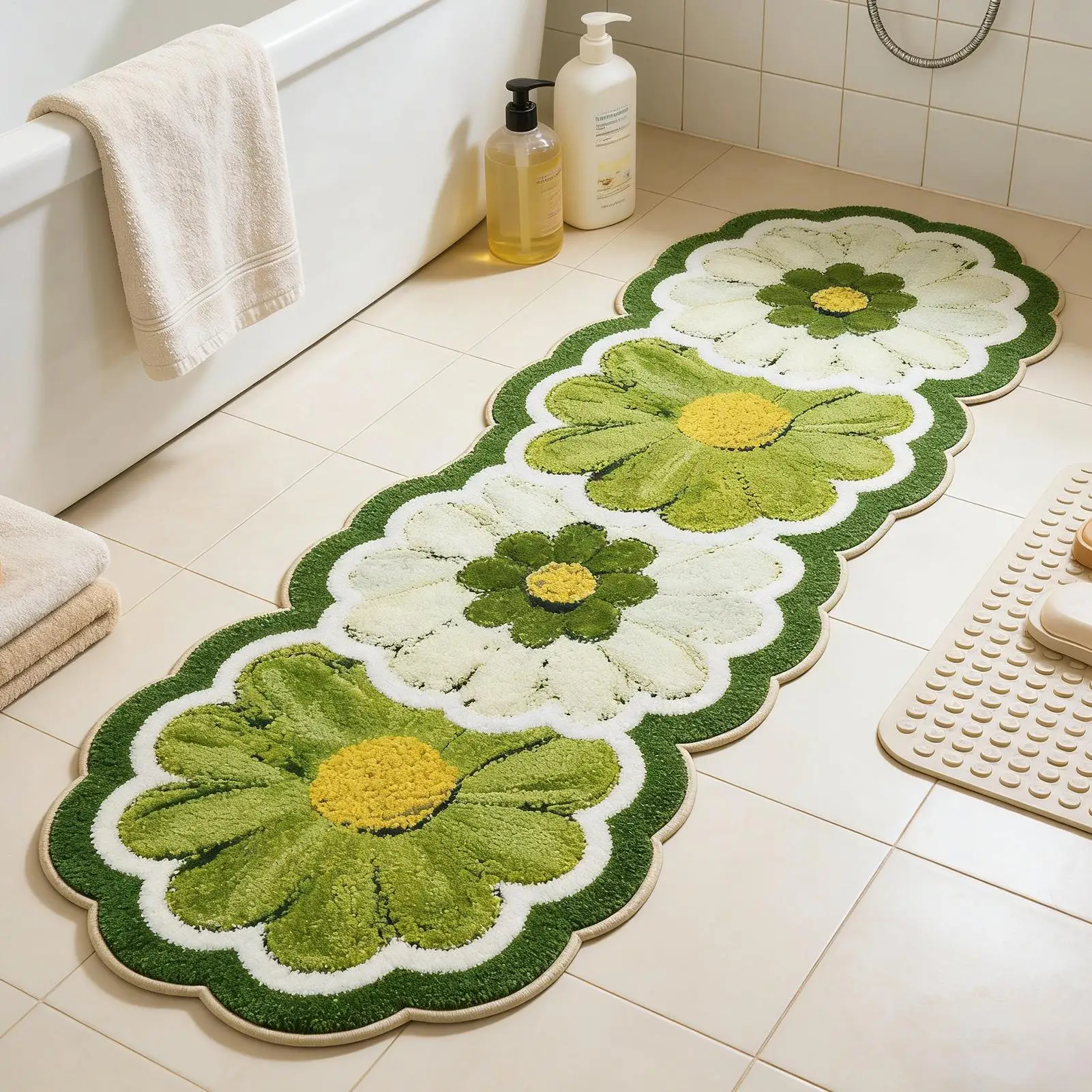 Flower Bath Mat 120x50cm Non Slip Floor Carpet Washable Absorbent Bathroom Rugs for Kitchen Bedroom Living Room Home Indoor