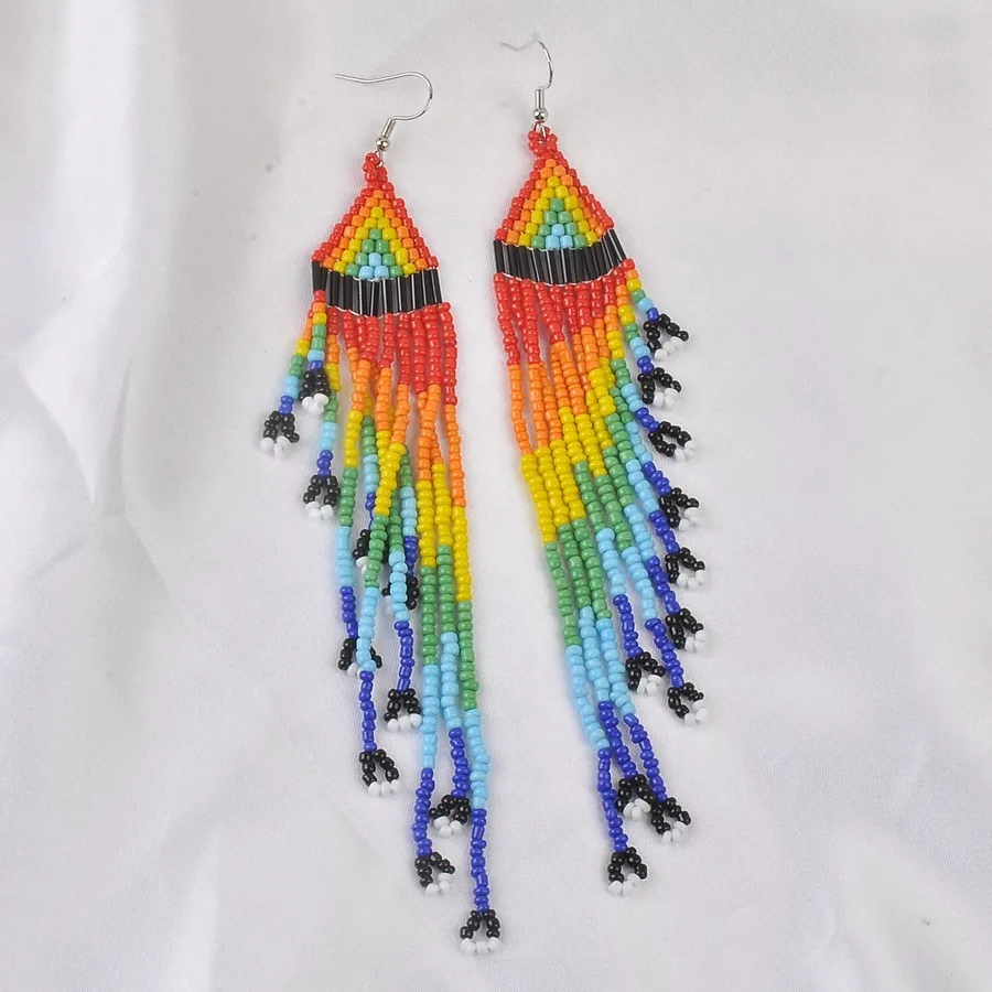 ZGMXR Rice bead earrings Tassel Gradient Rainbow Originality Hand knitting Bohemia Alloy Fashion Simple Beaded earrings