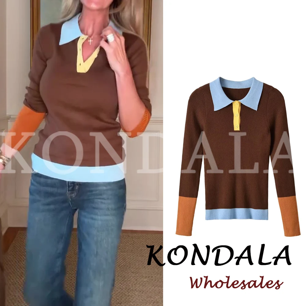 KONDALA Fashion 2026 Herbst Polo Damenhemd mit Knöpfen, lässiger Langarm-Pullover, Streetwear, schicke Patchwork-Strickware für Damen