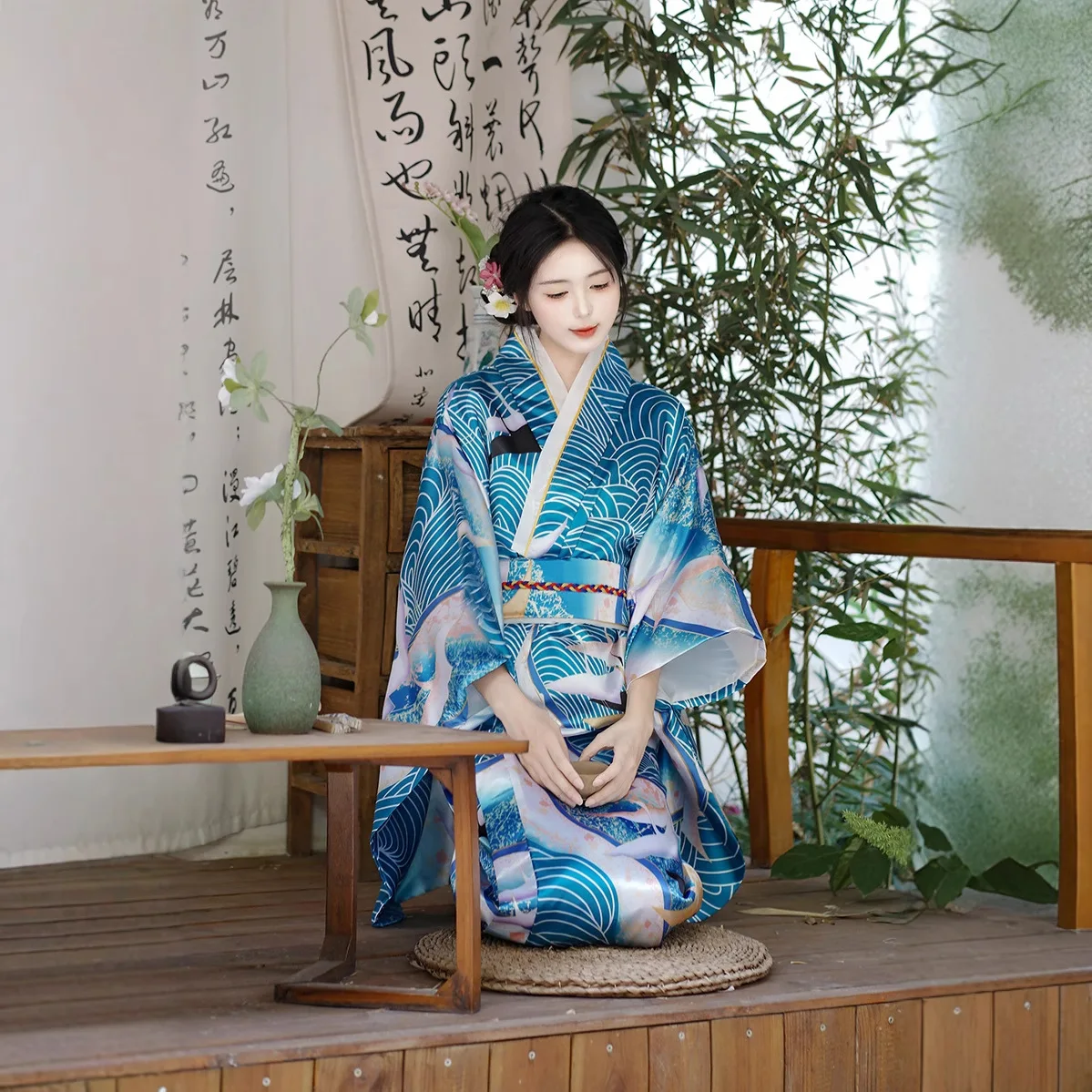 

Female Elegants Kimonos Traditional Japan Kimono Gown with Obi Printed Flower Geisha Dress Gown Vintage Novelty Cosplay Costume