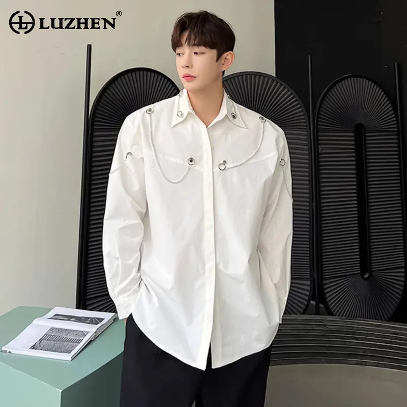 

LUZHEN Metal Long 2025 Chain Decorate New Sleeve Original Shirts Men's Stylish Solid Color Korean Handsome Casual Tops JY2641