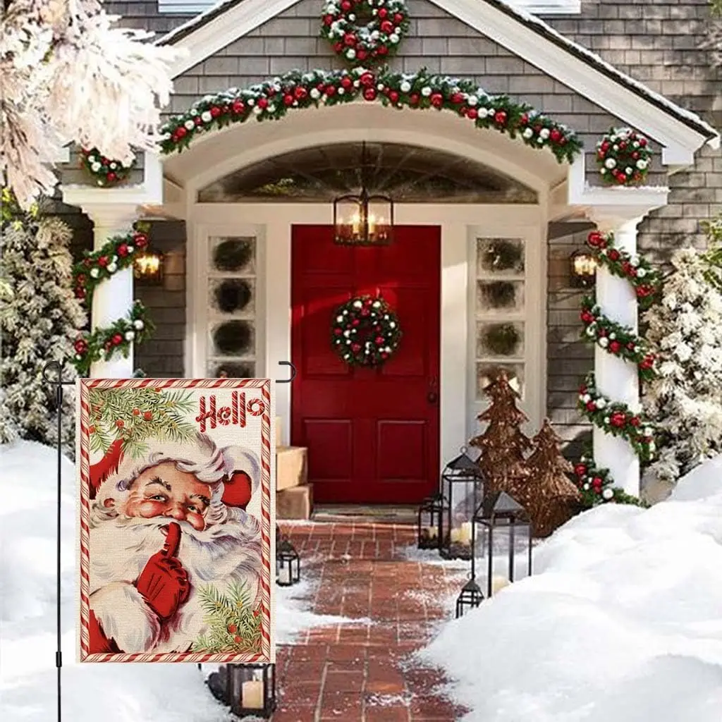 PANDICORN Red Santa Christmas Garden Flag 12x18 Inch Double Sided, Vintage Christmas Mistletoe Berry Candy Cane Hello Winter XKK