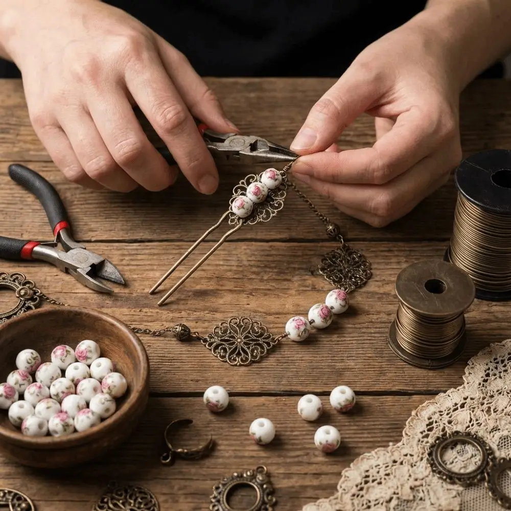 30pcs/set Creative DIY Ceramic Beads Flowers Printed Round Loose Beads Loose Form Ancient Style Chinese Style Beads