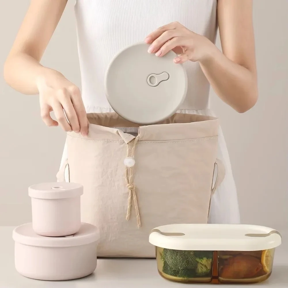 Portable Lunch Box Bag Insulated Solid Color Picnic Bag Large Capacity Hand-Held Waterproof Hand Bag For Students Office Workers