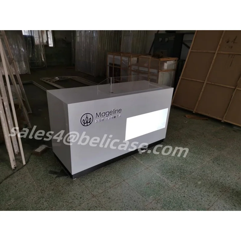 custom，Modern Cosmetic Store White Checkout Counter Luxury Makeup Shop Front Desk Beauty Salon Reception Counter