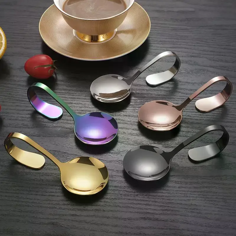 

Stainless Steel Service Tableware Curved Handle Spoon Hotel Golden Independent Dining Curved Hotel Supplies Spoon