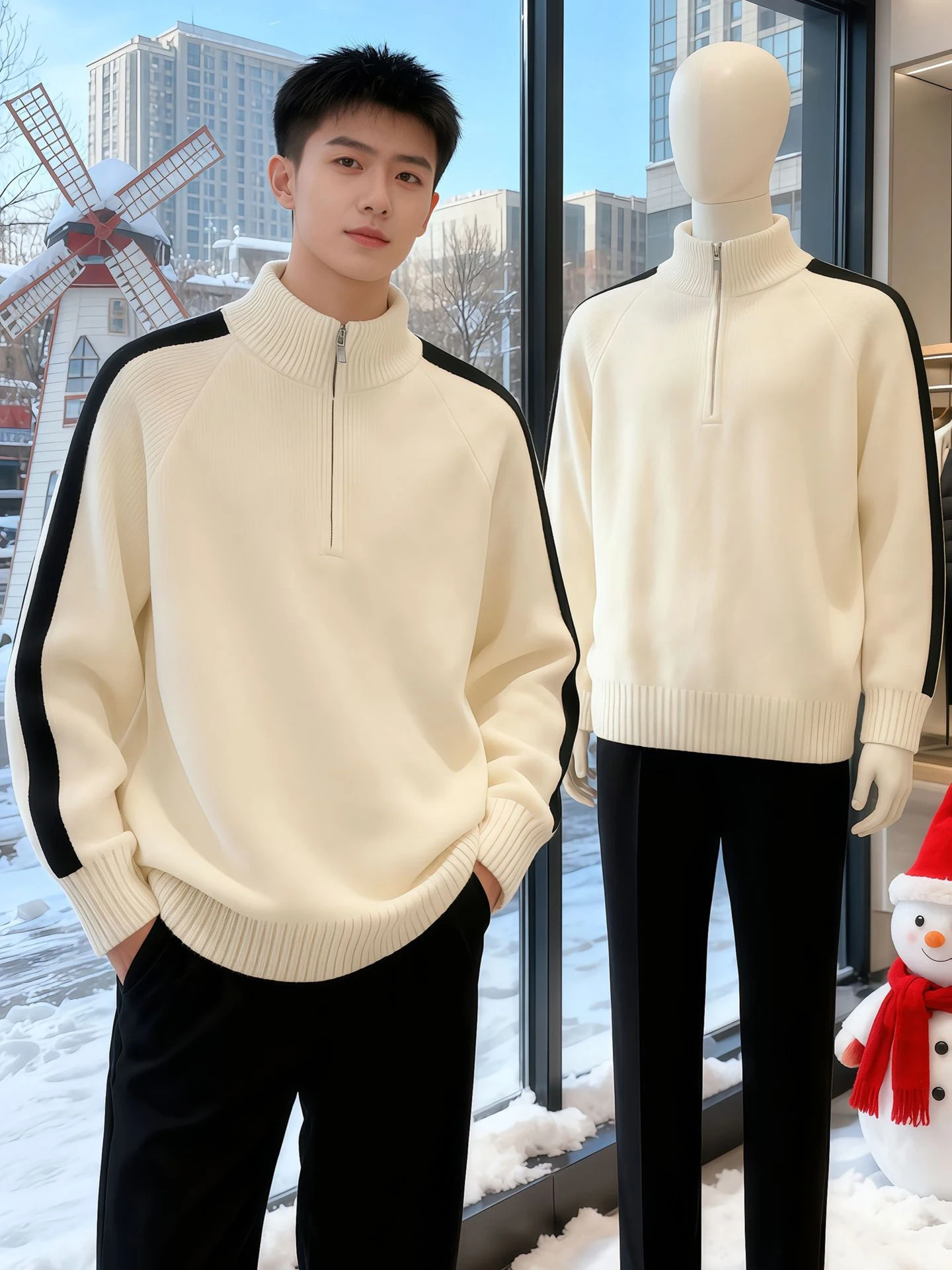 

Мужской свитер Thiened с воротником-стойкой на молнии, осенне-зимний, в американском стиле, в полоску, вязаный, свободного кроя, теплый топ