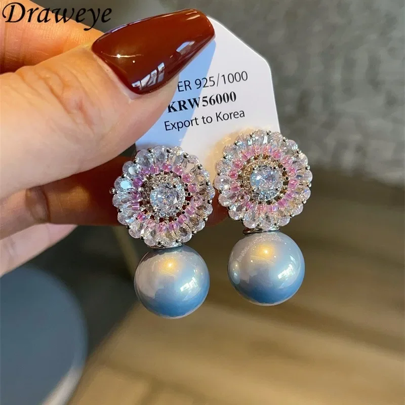 Draweye Pearls Stud Earrings for Women Pink Zircon Sweet Korean Fashion Jewelry Exquisite Simple Cute Retro Aretes De Mujer