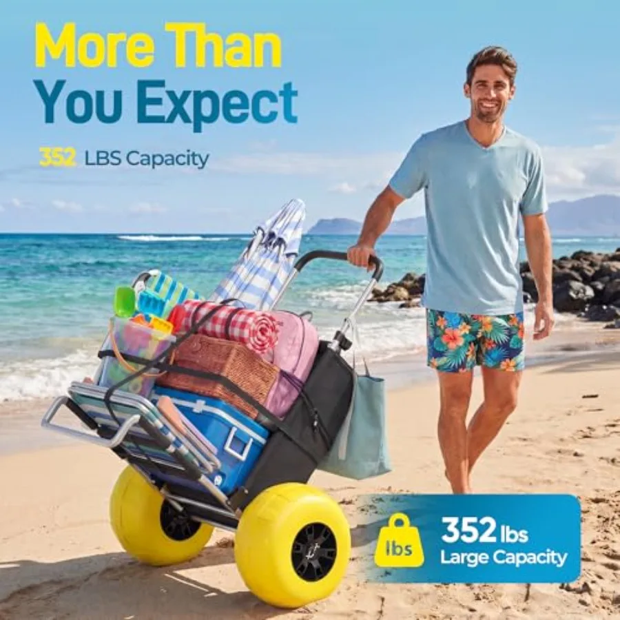 Beach Wagon for Sand, Camping, Fishing Outdoor Yellow Aluminum Foldable Wagon with 13 Solid TPU Wheels, 352 lbs Capacity, Quick