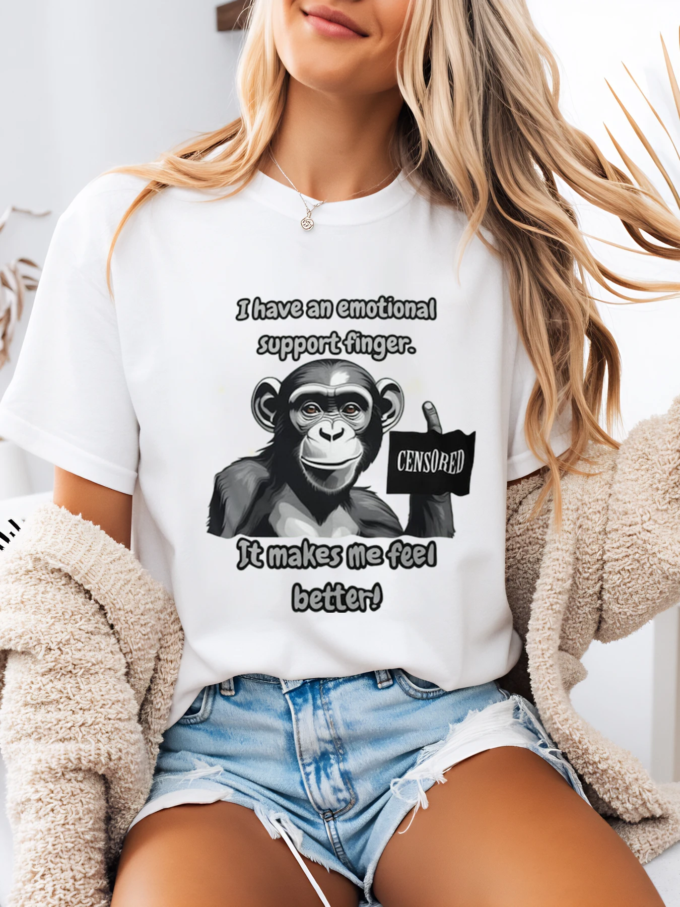

Monkey with Censored Finger Graphic Tee Halloween Funny Shirt Women Casual Outfit White Plus-Size