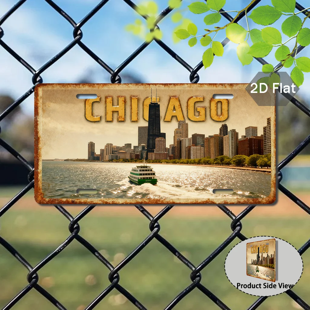 2D Flat, for Chicago Theme Retro Metal Wall And Yard Sign- 29.97cm X 14.99cm Retro for Chicago Skyline with Iconic Willis Tower(