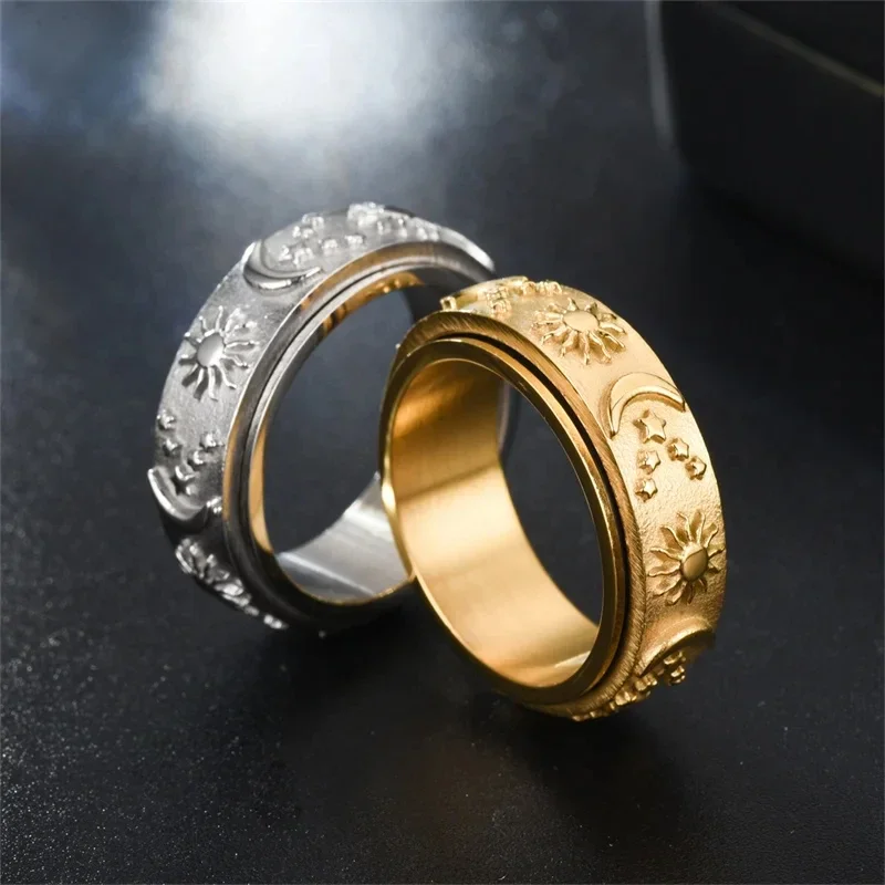 Bohemia Spinning Anxiety Relaxing Ring with Star and Moon for Women Stainless Steel Rotate Freely Fidget Spinner Rings Jewelry