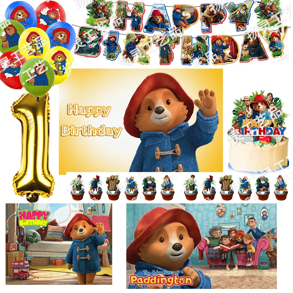 

P&Paddington Beares Birthday Party Decorations Number Balloons Cake Topper Cartoon Background Banner Party Supplies Kid Gifts