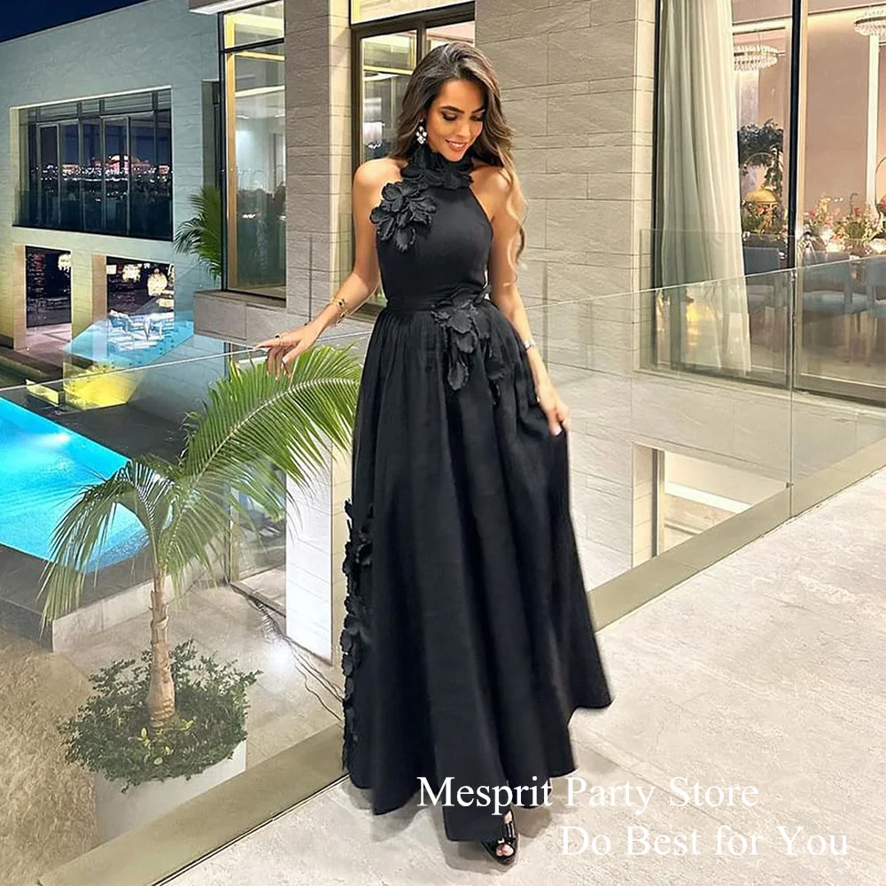 Halter Sleeveless Black Evening Dress Ankle Length Open Back A Line Saudi Arabic Formal Dress Custom فساتين سهرة Party Gown